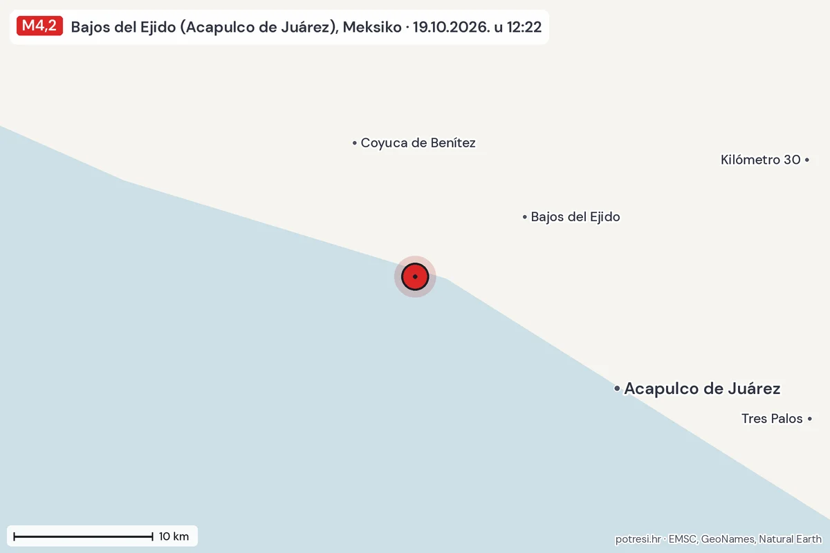 Karta: okolica epicentra, 60 km, potres M4,2, Bajos del Ejido (Acapulco de Juárez), Meksiko, 19.10.2026.