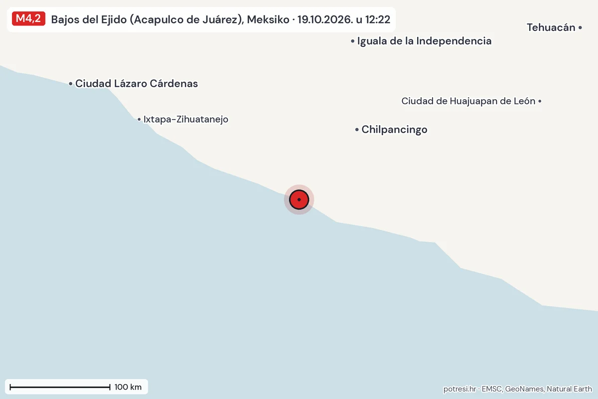 Karta: šire područje, 600 km, potres M4,2, Bajos del Ejido (Acapulco de Juárez), Meksiko, 19.10.2026.