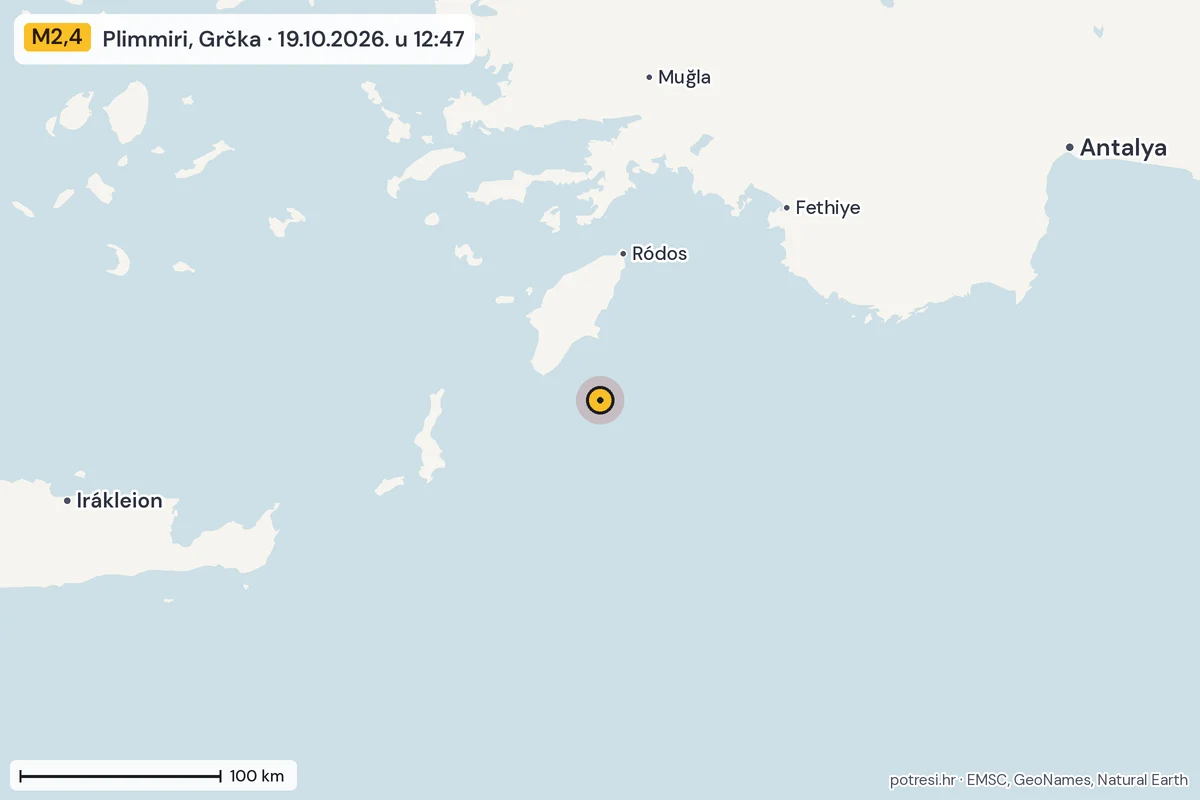 Karta: šire područje, 600 km, potres M2,4, Plimmiri, Grčka, 19.10.2026.
