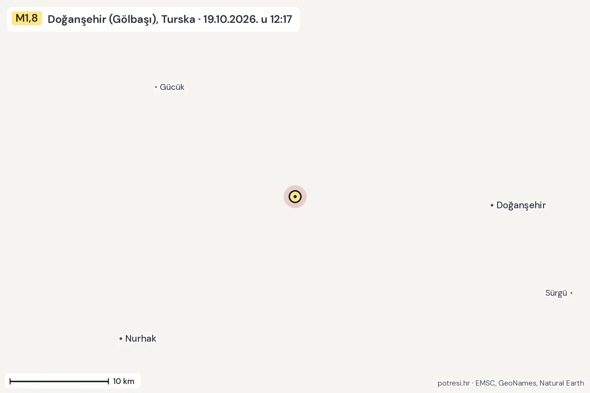 Karta: okolica epicentra, 60 km, potres M1,8, Doğanşehir (Gölbaşı), Turska, 19.10.2026.