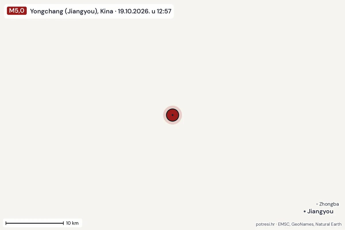 Karta: okolica epicentra, 60 km, potres M5,0, Yongchang (Jiangyou), Kina, 19.10.2026.