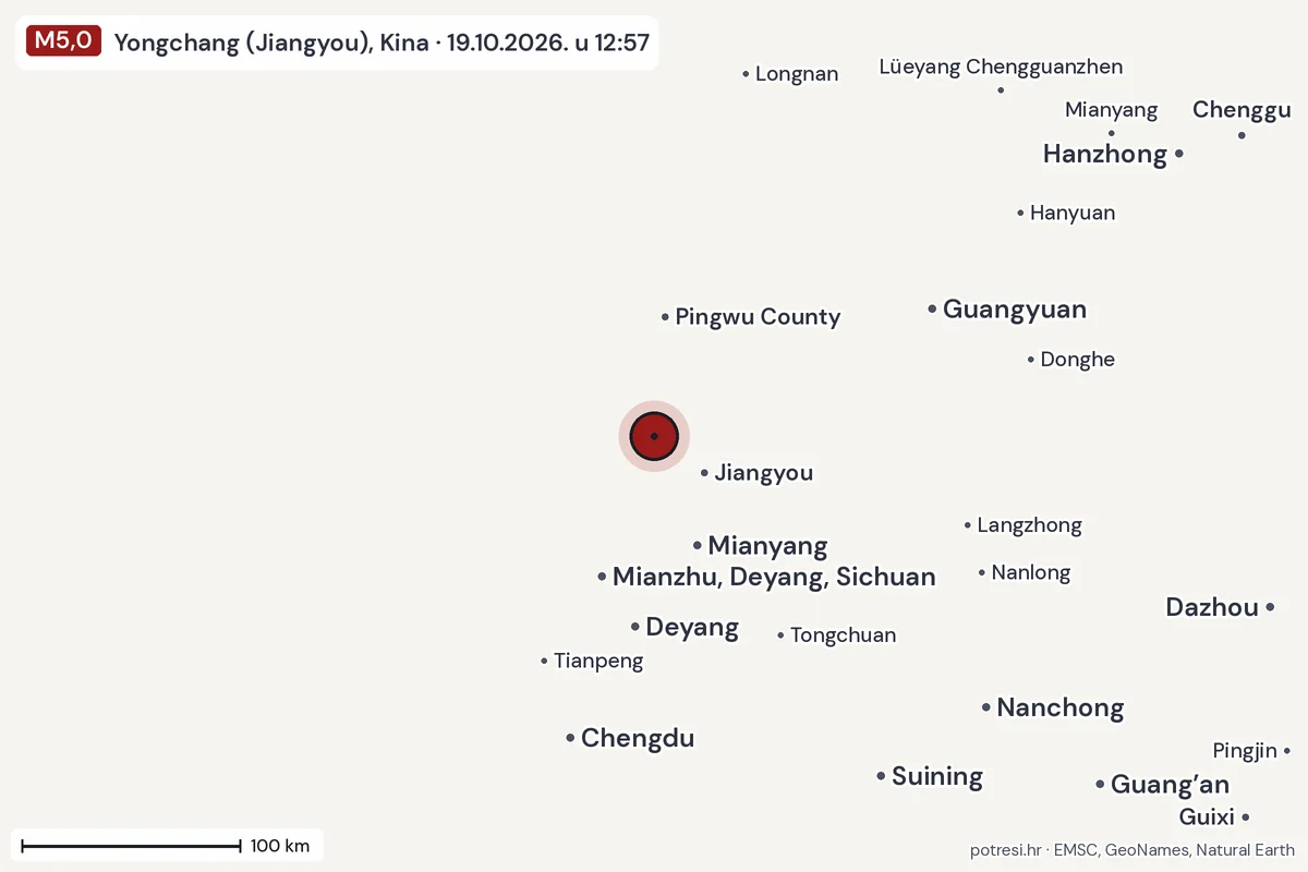 Karta: šire područje, 600 km, potres M5,0, Yongchang (Jiangyou), Kina, 19.10.2026.