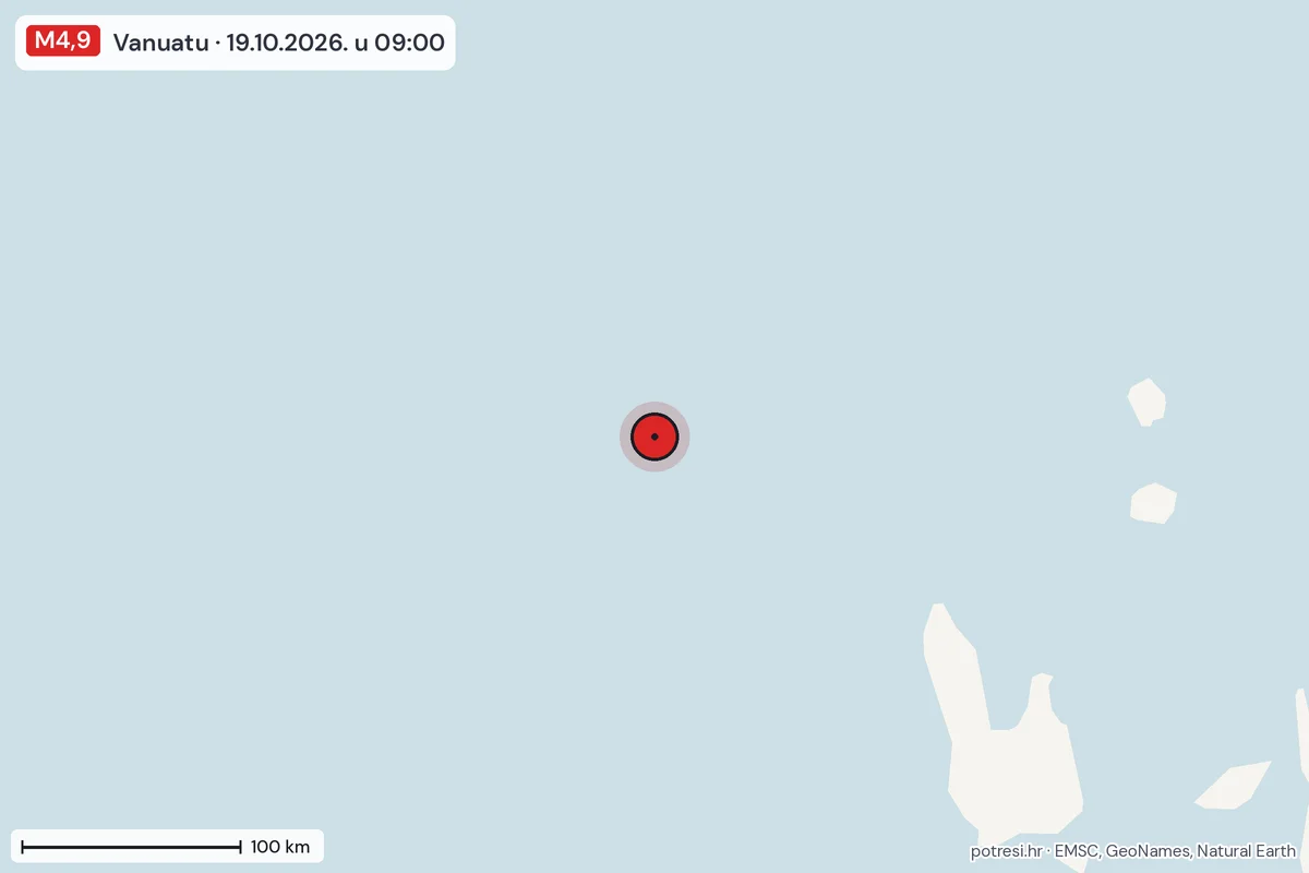 Karta: šire područje, 600 km, potres M4,9, Vanuatu, 19.10.2026.