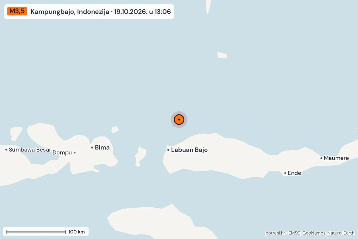 Karta: šire područje, 600 km, potres M3,5, Kampungbajo, Indonezija, 19.10.2026.
