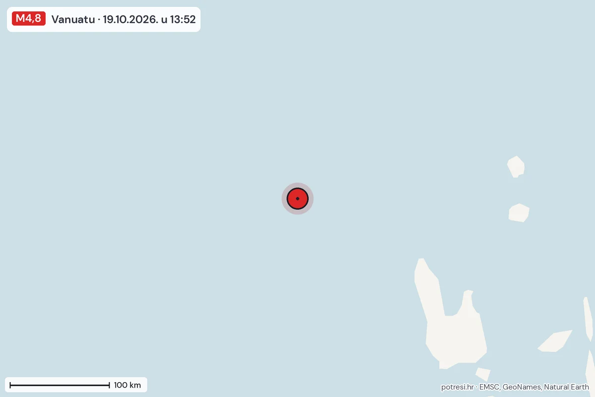 Karta: šire područje, 600 km, potres M4,8, Vanuatu, 19.10.2026.