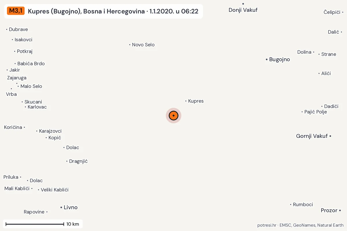 Karta: okolica epicentra, 60 km, potres M3,1, Kupres (Bugojno), Bosna i Hercegovina, 1.1.2020.