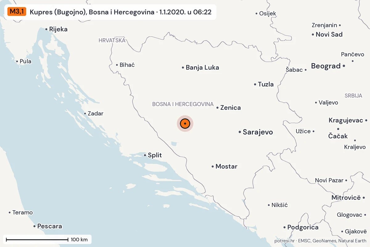 Karta: šire područje, 600 km, potres M3,1, Kupres (Bugojno), Bosna i Hercegovina, 1.1.2020.