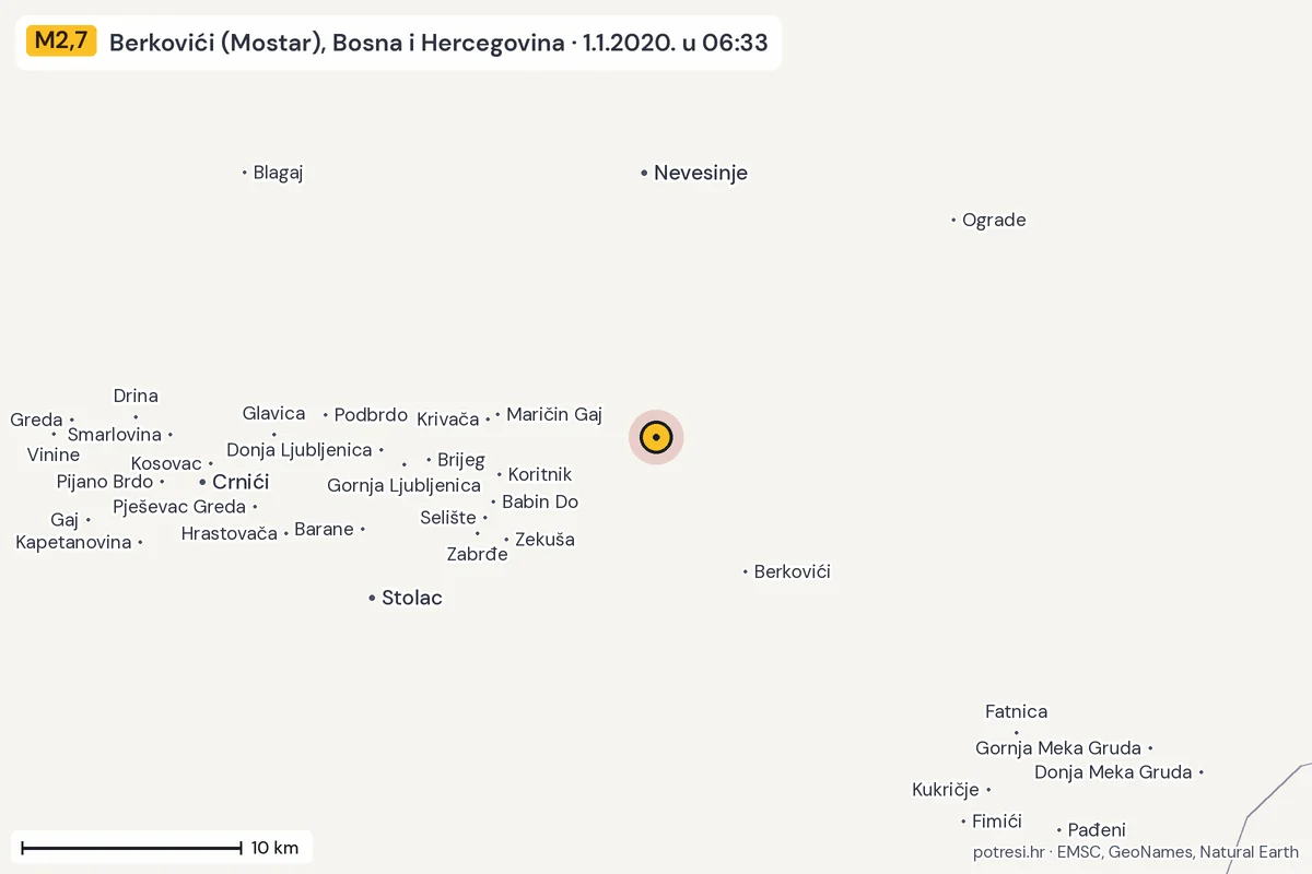 Karta: okolica epicentra, 60 km, potres M2,7, Berkovići (Mostar), Bosna i Hercegovina, 1.1.2020.