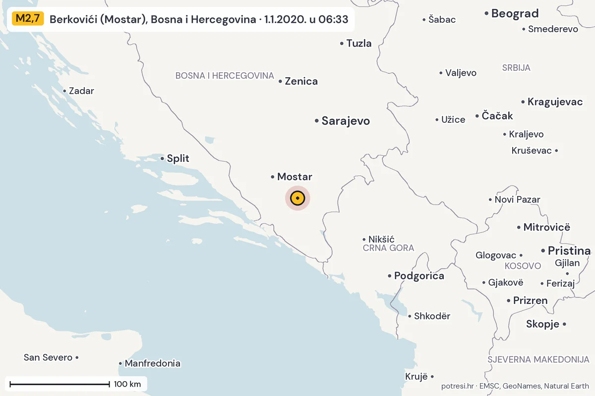 Karta: šire područje, 600 km, potres M2,7, Berkovići (Mostar), Bosna i Hercegovina, 1.1.2020.