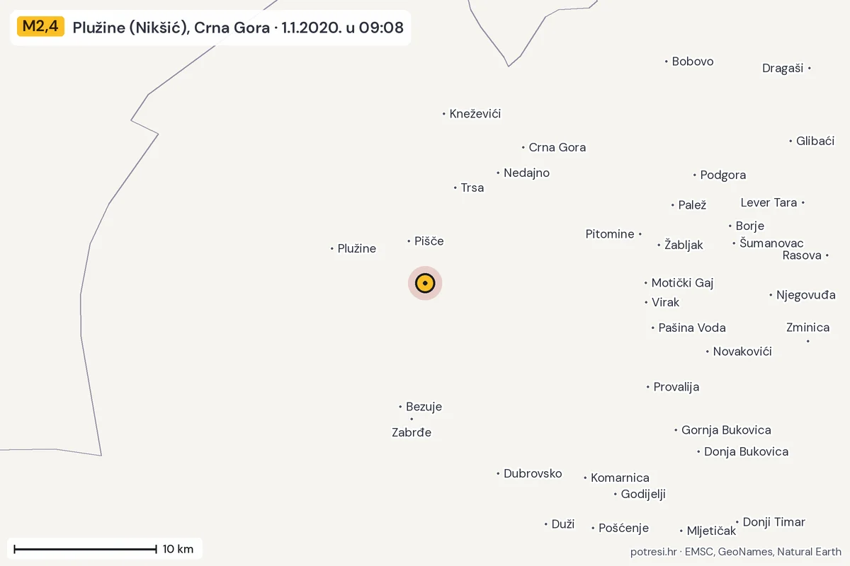 Karta: okolica epicentra, 60 km, potres M2,4, Plužine (Nikšić), Crna Gora, 1.1.2020.