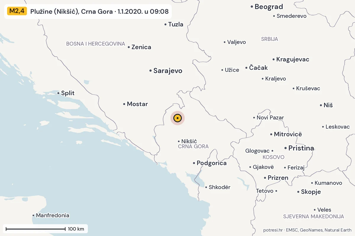 Karta: šire područje, 600 km, potres M2,4, Plužine (Nikšić), Crna Gora, 1.1.2020.