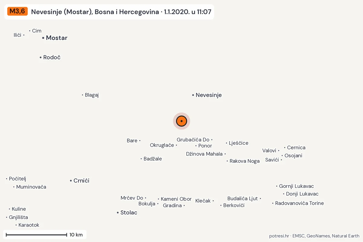 Karta: okolica epicentra, 60 km, potres M3,6, Nevesinje (Mostar), Bosna i Hercegovina, 1.1.2020.