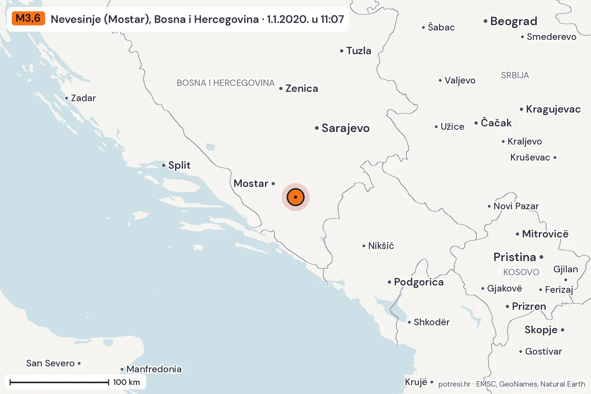 Karta: šire područje, 600 km, potres M3,6, Nevesinje (Mostar), Bosna i Hercegovina, 1.1.2020.