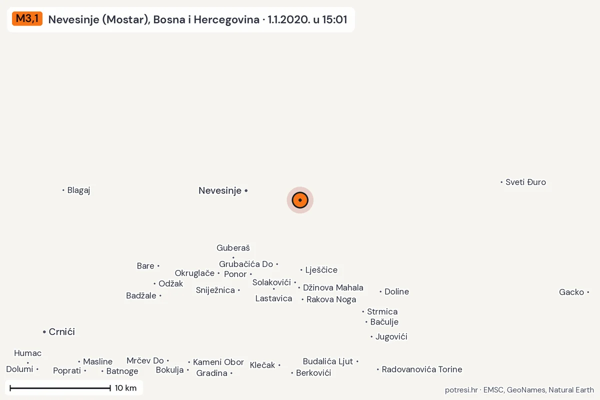 Karta: okolica epicentra, 60 km, potres M3,1, Nevesinje (Mostar), Bosna i Hercegovina, 1.1.2020.