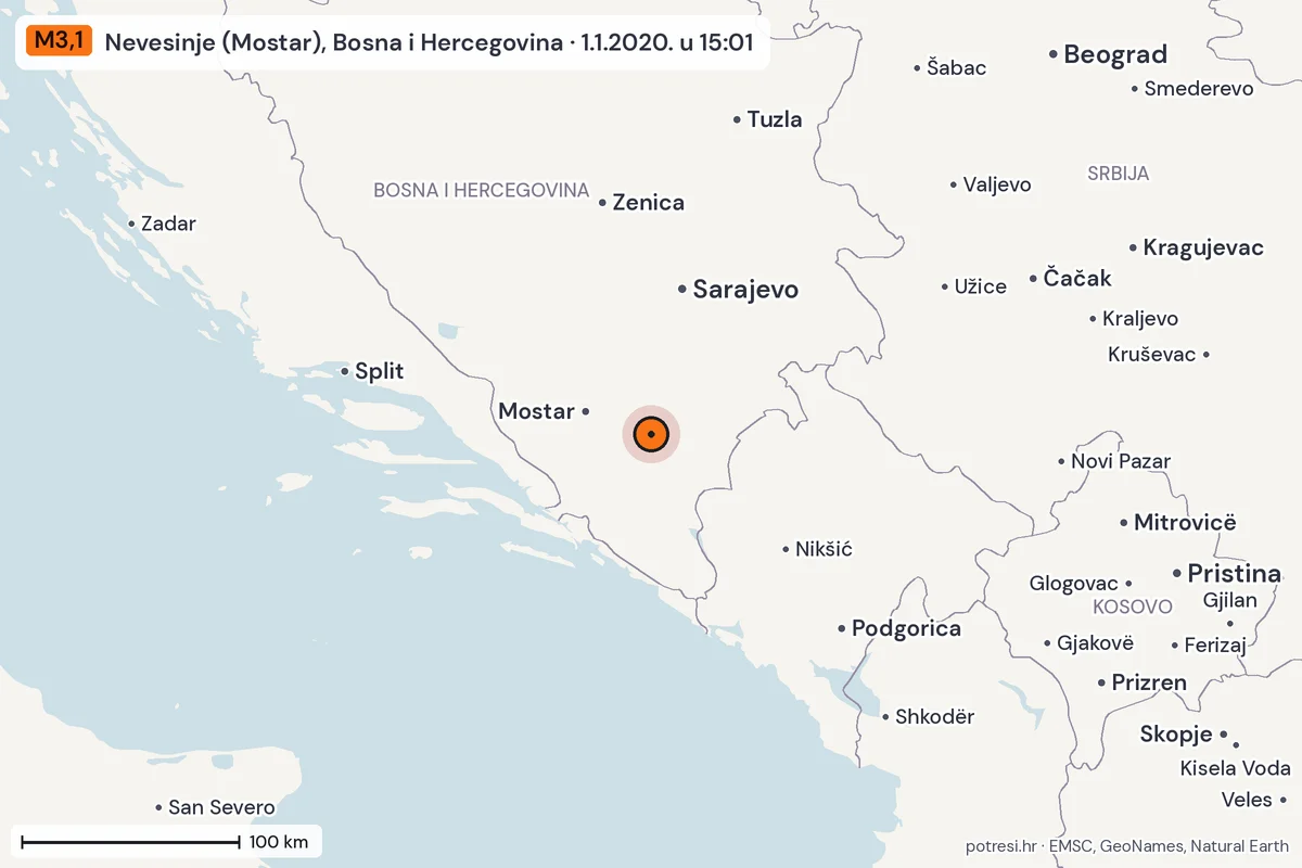 Karta: šire područje, 600 km, potres M3,1, Nevesinje (Mostar), Bosna i Hercegovina, 1.1.2020.