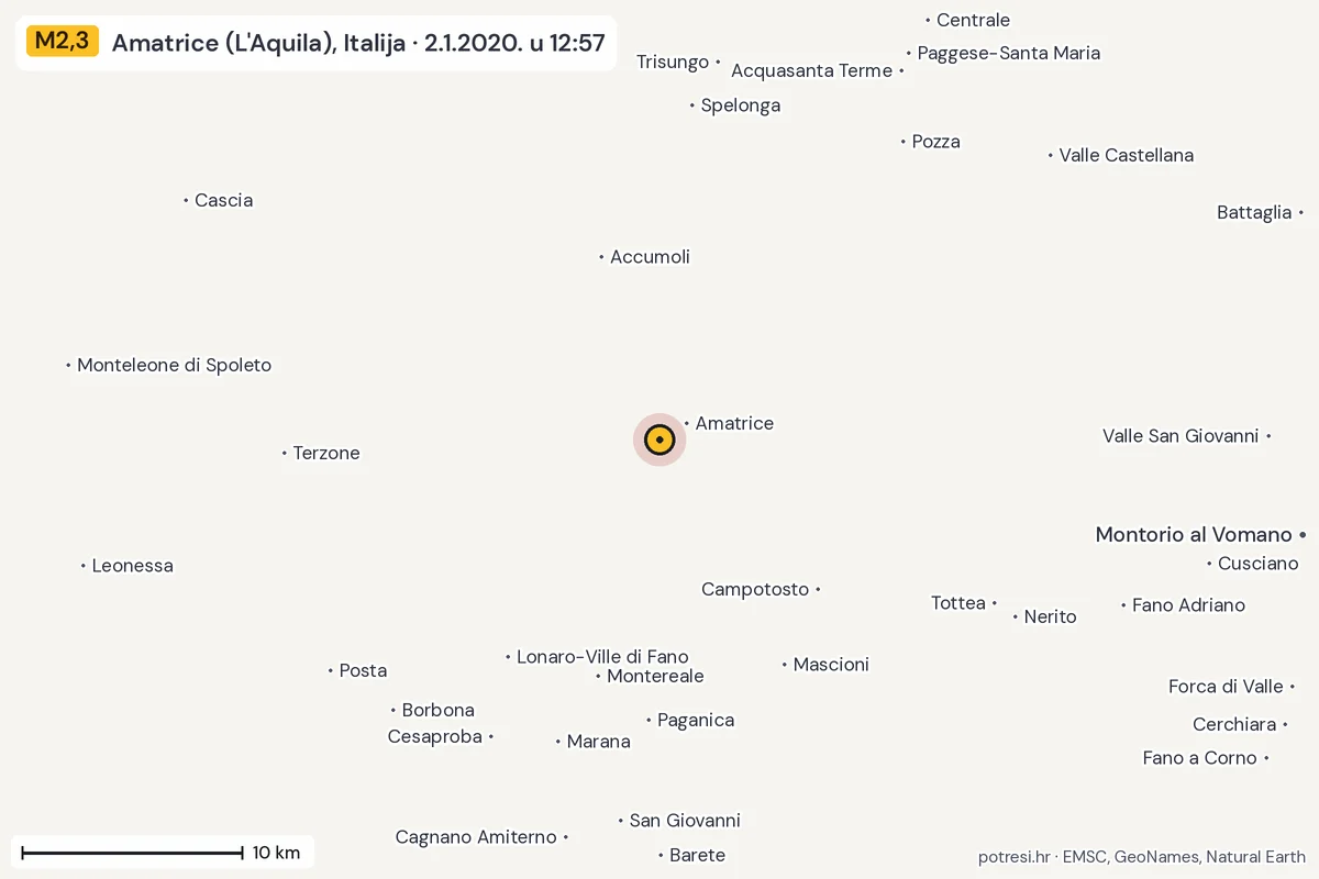 Karta: okolica epicentra, 60 km, potres M2,3, Amatrice (L'Aquila), Italija, 2.1.2020.