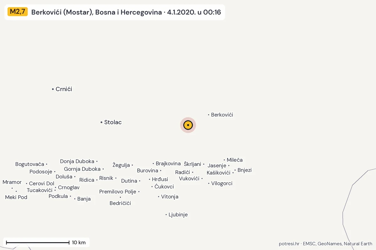 Karta: okolica epicentra, 60 km, potres M2,7, Berkovići (Mostar), Bosna i Hercegovina, 4.1.2020.