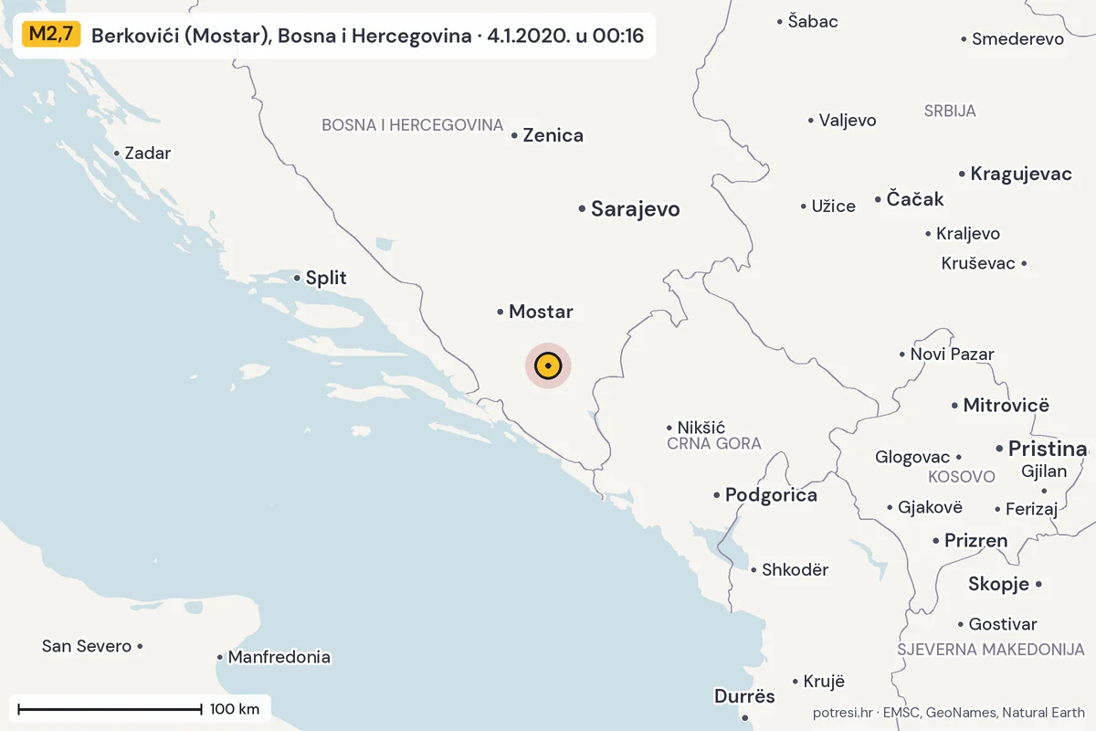 Karta: šire područje, 600 km, potres M2,7, Berkovići (Mostar), Bosna i Hercegovina, 4.1.2020.
