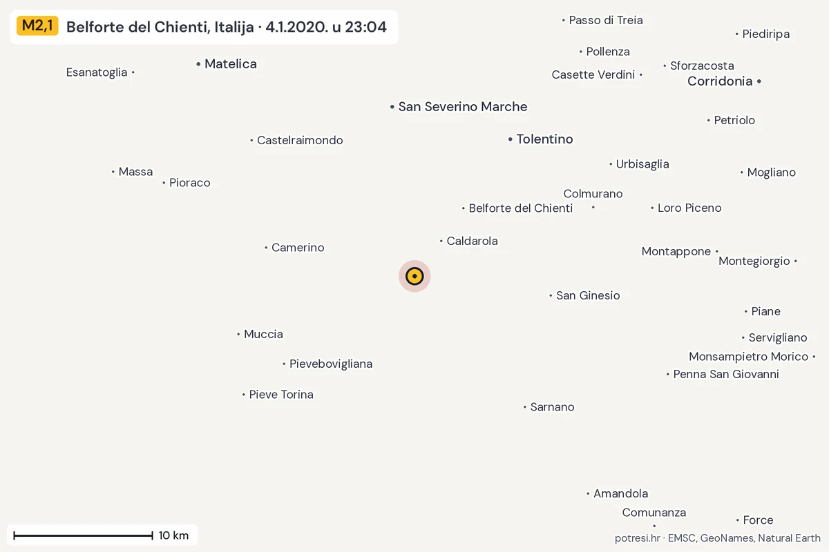Karta: okolica epicentra, 60 km, potres M2,1, Belforte del Chienti, Italija, 4.1.2020.