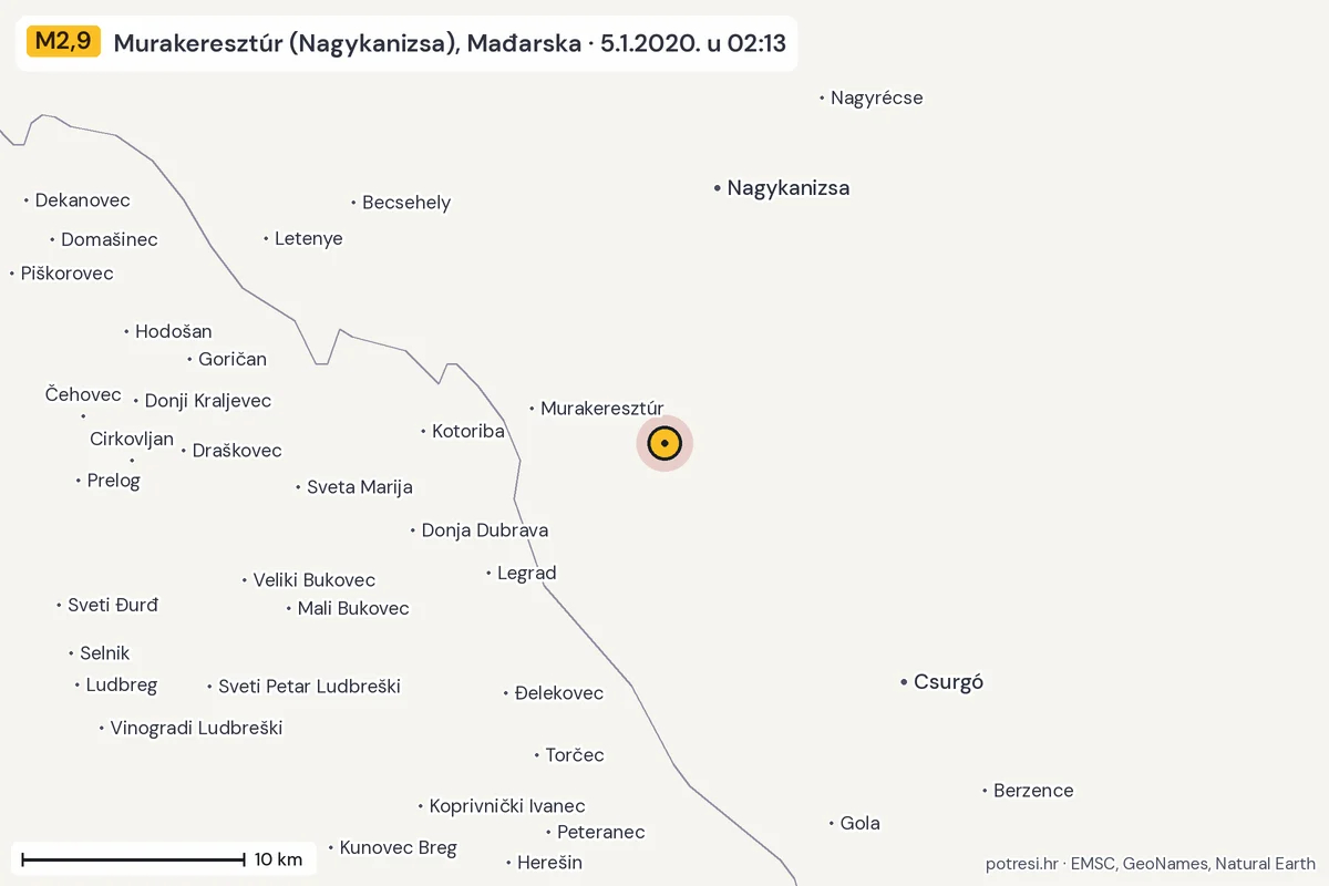 Karta: okolica epicentra, 60 km, potres M2,9, Murakeresztúr (Nagykanizsa), Mađarska, 5.1.2020.
