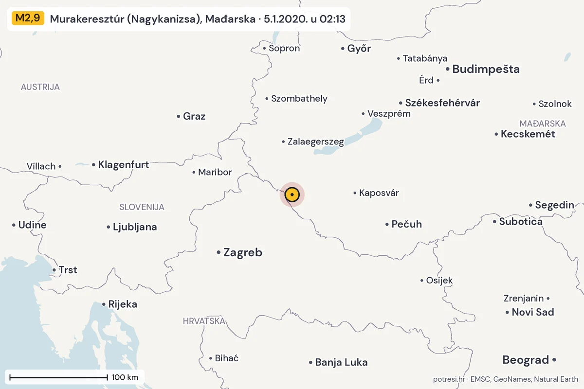 Karta: šire područje, 600 km, potres M2,9, Murakeresztúr (Nagykanizsa), Mađarska, 5.1.2020.
