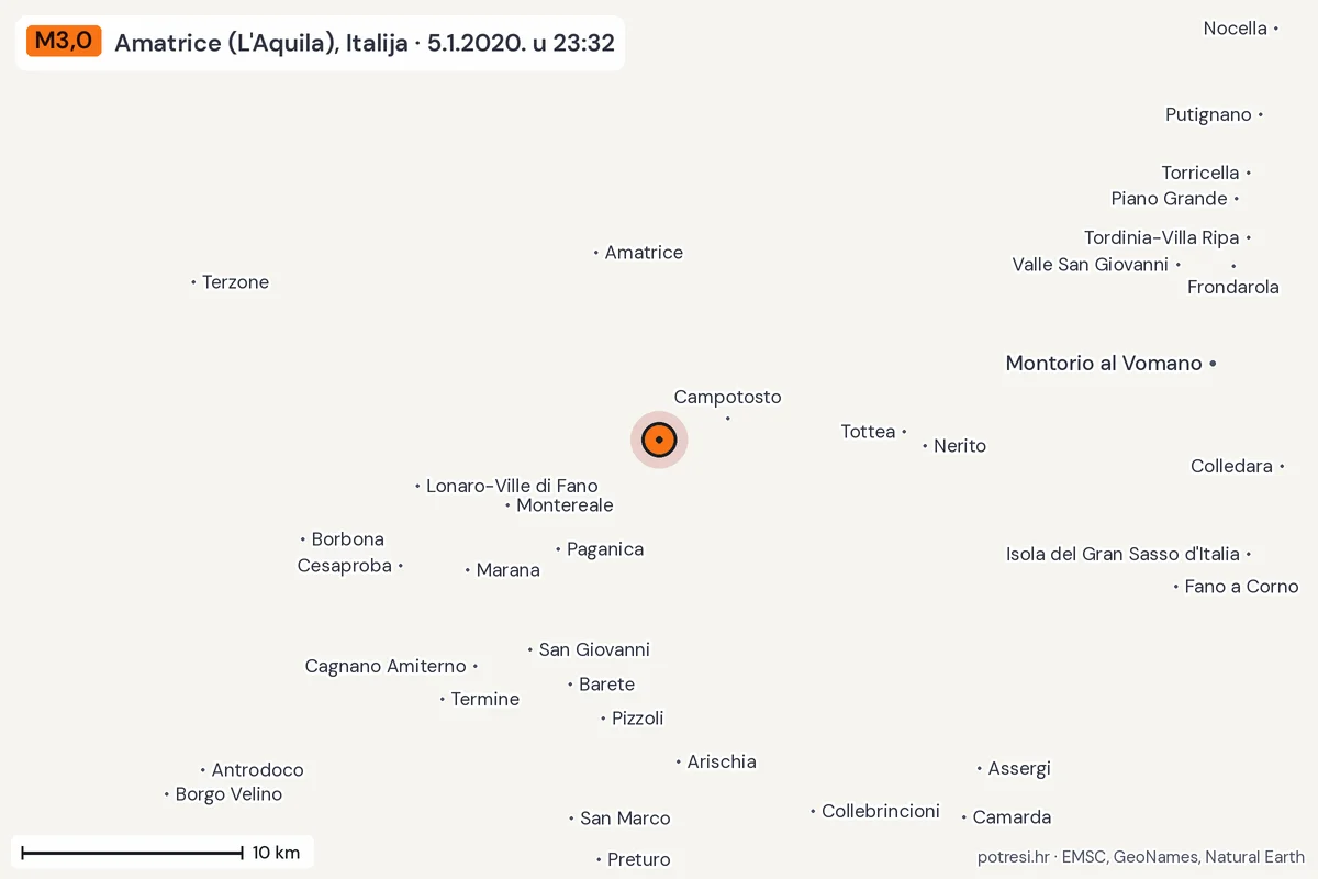 Karta: okolica epicentra, 60 km, potres M3,0, Amatrice (L'Aquila), Italija, 5.1.2020.