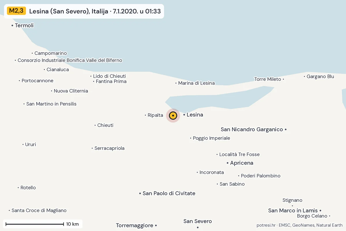 Karta: okolica epicentra, 60 km, potres M2,3, Lesina (San Severo), Italija, 7.1.2020.