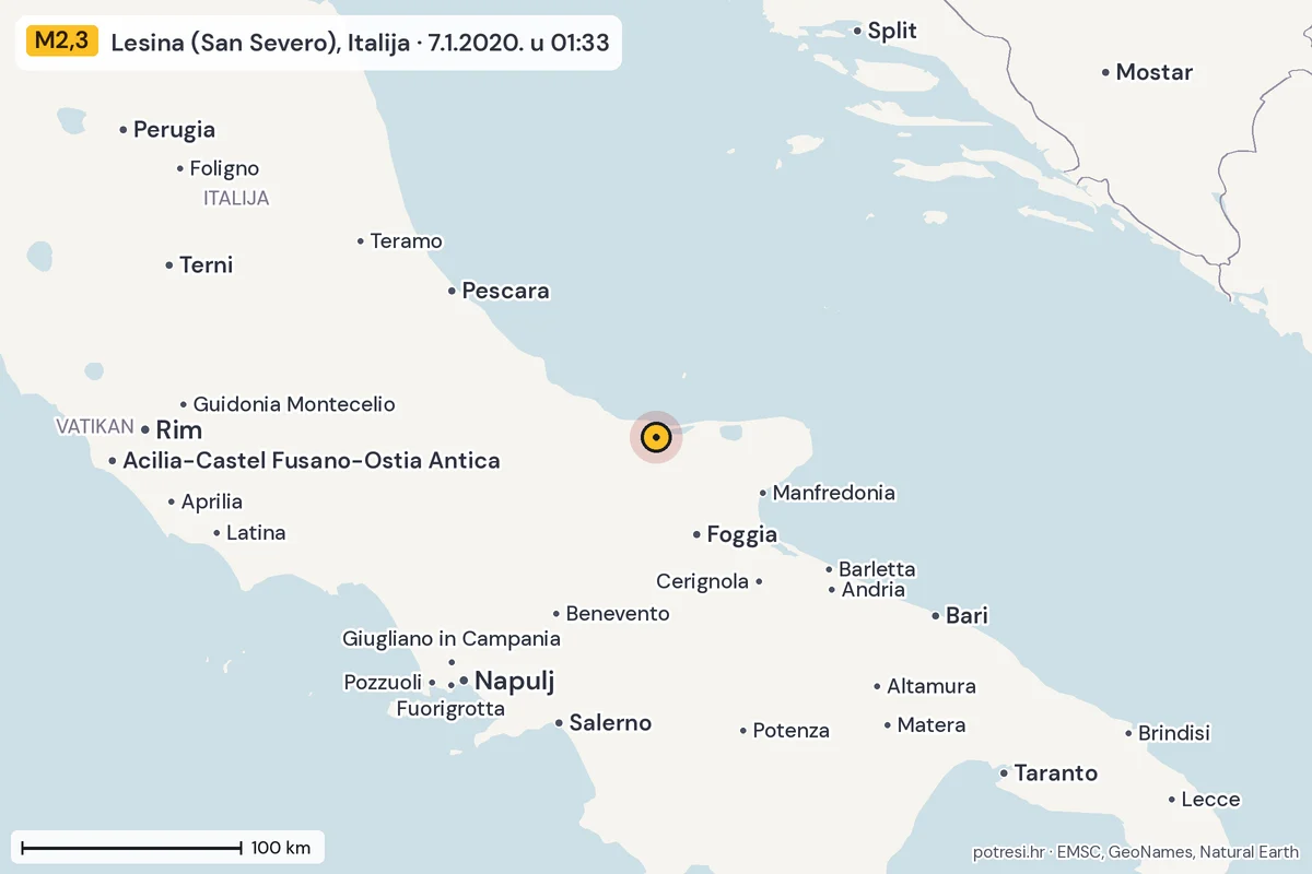 Karta: šire područje, 600 km, potres M2,3, Lesina (San Severo), Italija, 7.1.2020.