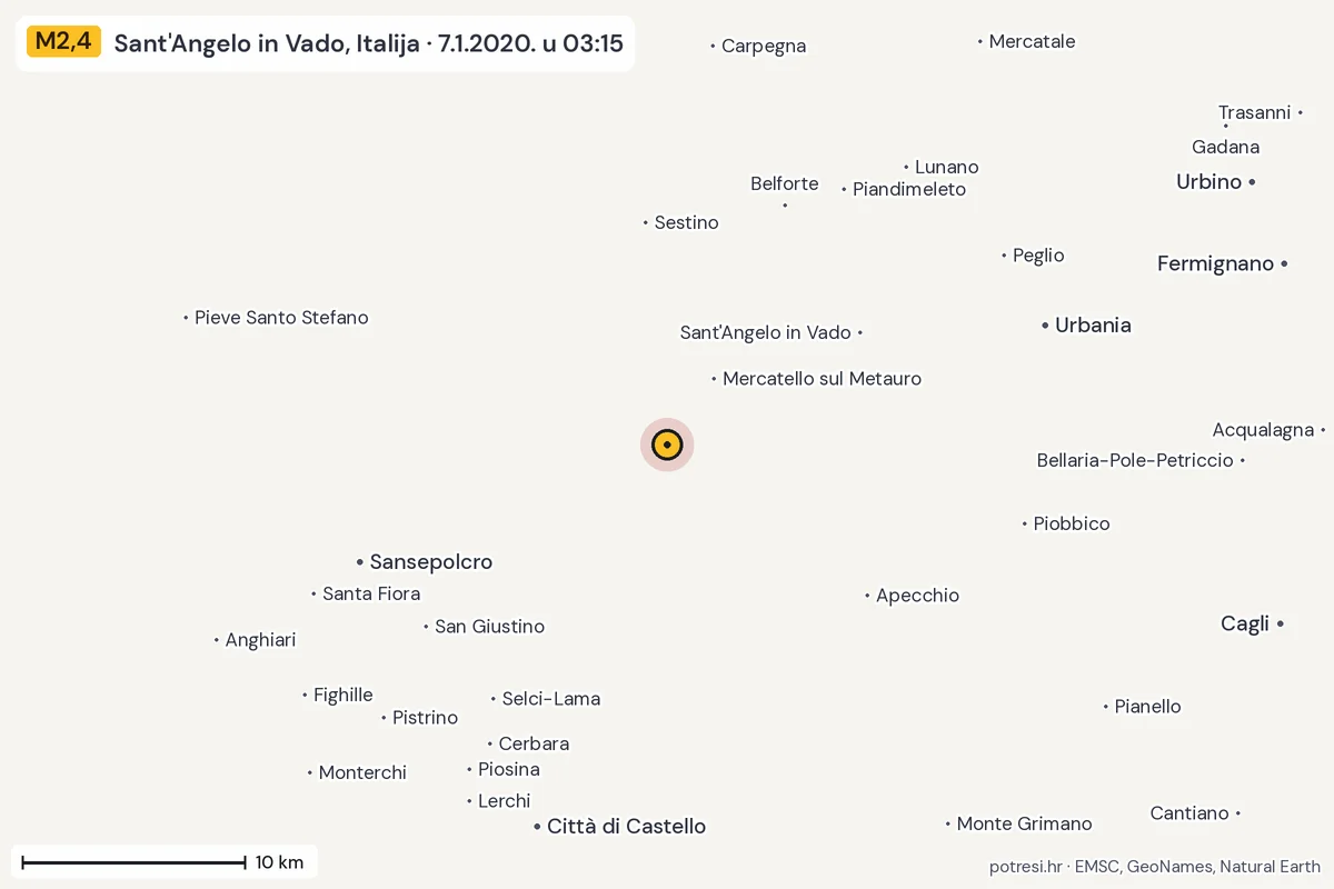 Karta: okolica epicentra, 60 km, potres M2,4, Sant'Angelo in Vado, Italija, 7.1.2020.