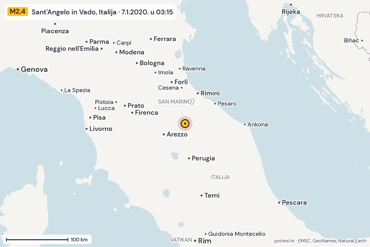 Karta: šire područje, 600 km, potres M2,4, Sant'Angelo in Vado, Italija, 7.1.2020.