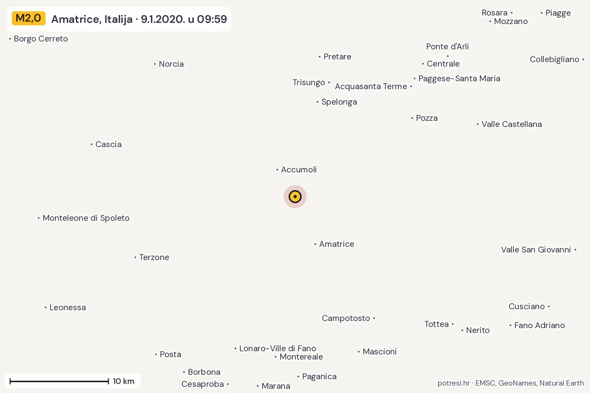 Karta: okolica epicentra, 60 km, potres M2,0, Amatrice, Italija, 9.1.2020.