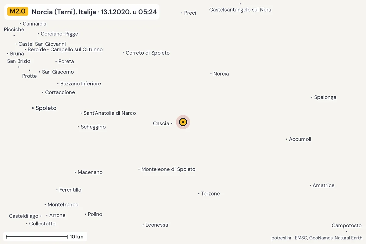 Karta: okolica epicentra, 60 km, potres M2,0, Norcia (Terni), Italija, 13.1.2020.