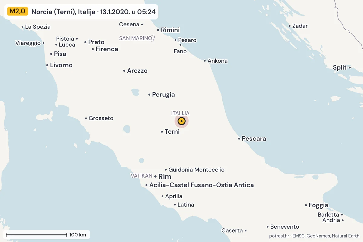 Karta: šire područje, 600 km, potres M2,0, Norcia (Terni), Italija, 13.1.2020.
