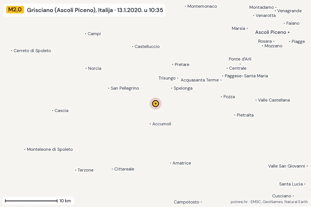 Karta: okolica epicentra, 60 km, potres M2,0, Grisciano (Ascoli Piceno), Italija, 13.1.2020.