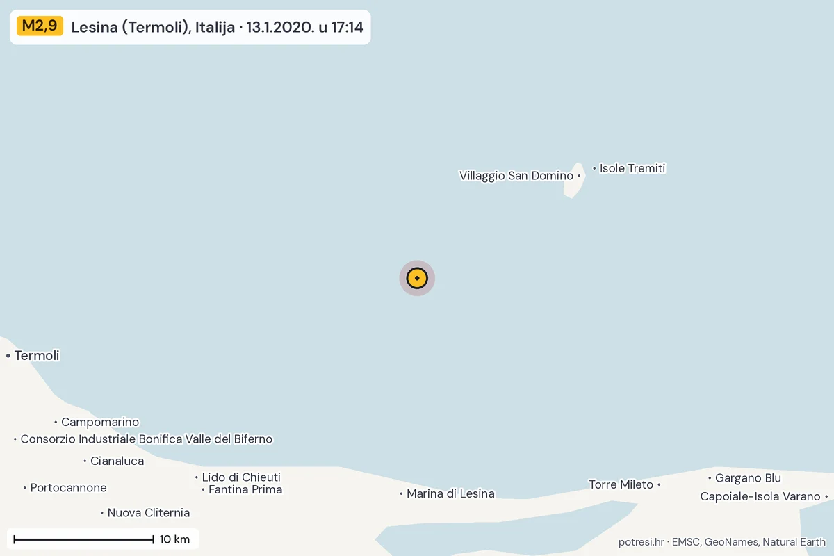 Karta: okolica epicentra, 60 km, potres M2,9, Lesina (Termoli), Italija, 13.1.2020.