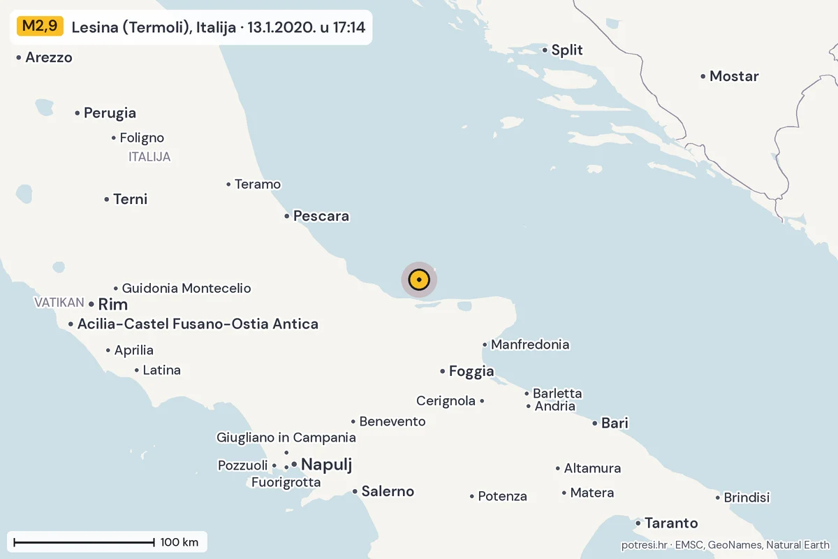 Karta: šire područje, 600 km, potres M2,9, Lesina (Termoli), Italija, 13.1.2020.