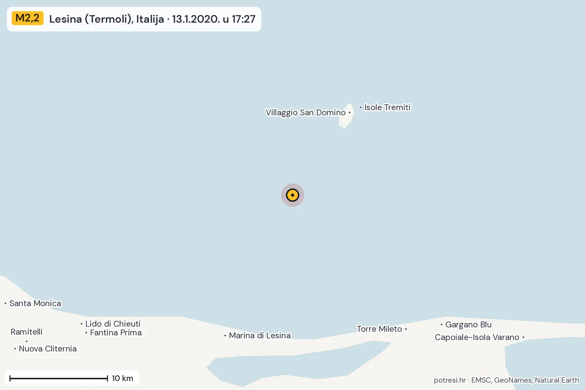 Karta: okolica epicentra, 60 km, potres M2,2, Lesina (Termoli), Italija, 13.1.2020.
