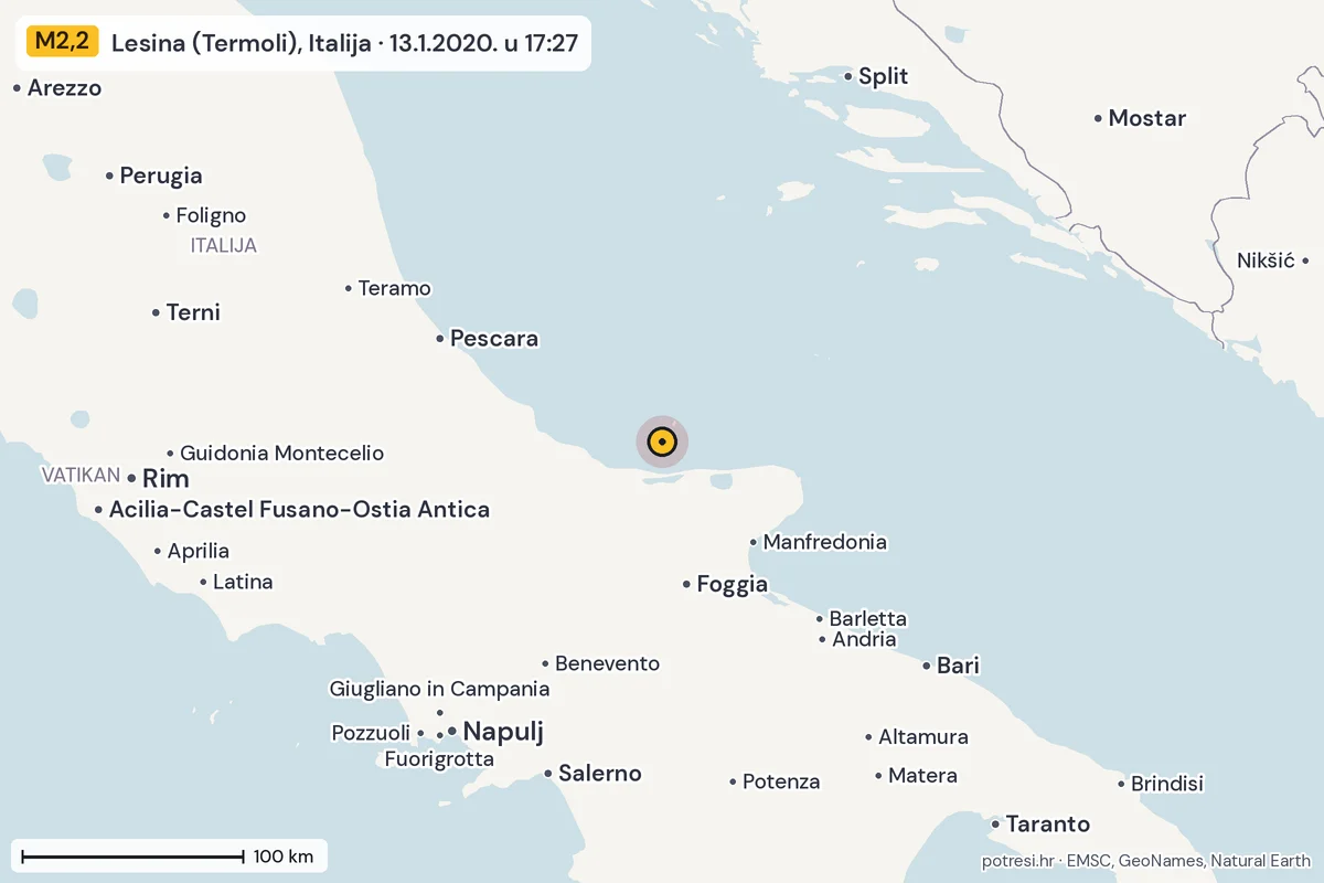 Karta: šire područje, 600 km, potres M2,2, Lesina (Termoli), Italija, 13.1.2020.