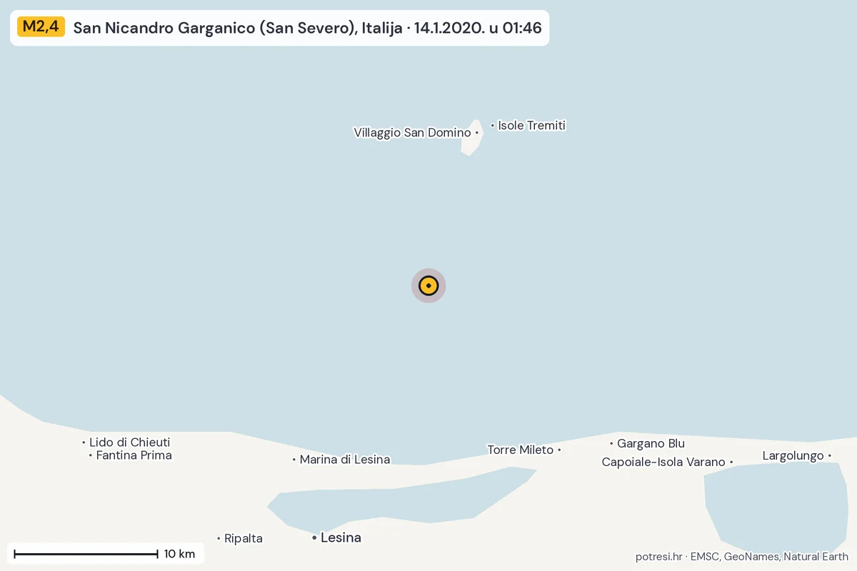 Karta: okolica epicentra, 60 km, potres M2,4, San Nicandro Garganico (San Severo), Italija, 14.1.2020.