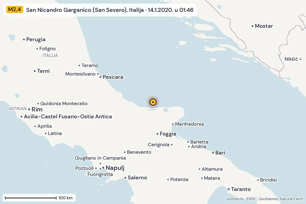 Karta: šire područje, 600 km, potres M2,4, San Nicandro Garganico (San Severo), Italija, 14.1.2020.