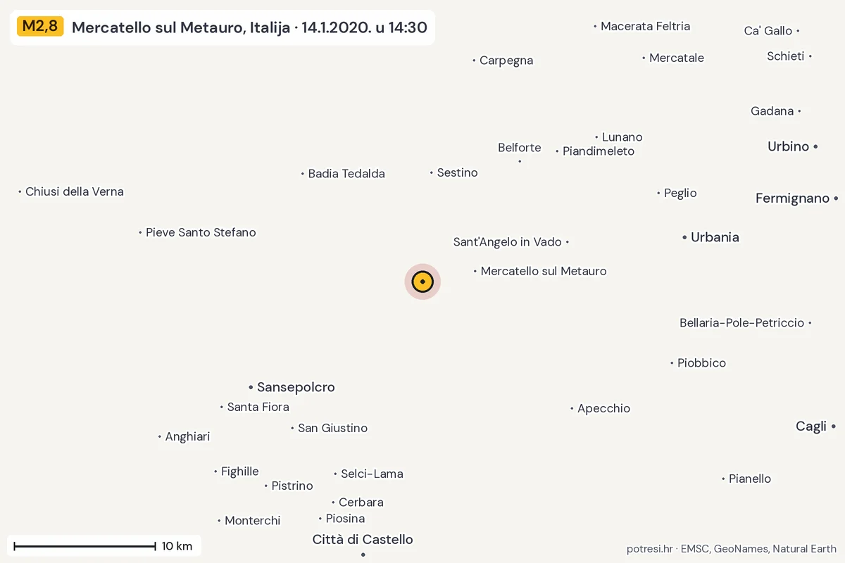 Karta: okolica epicentra, 60 km, potres M2,8, Mercatello sul Metauro, Italija, 14.1.2020.
