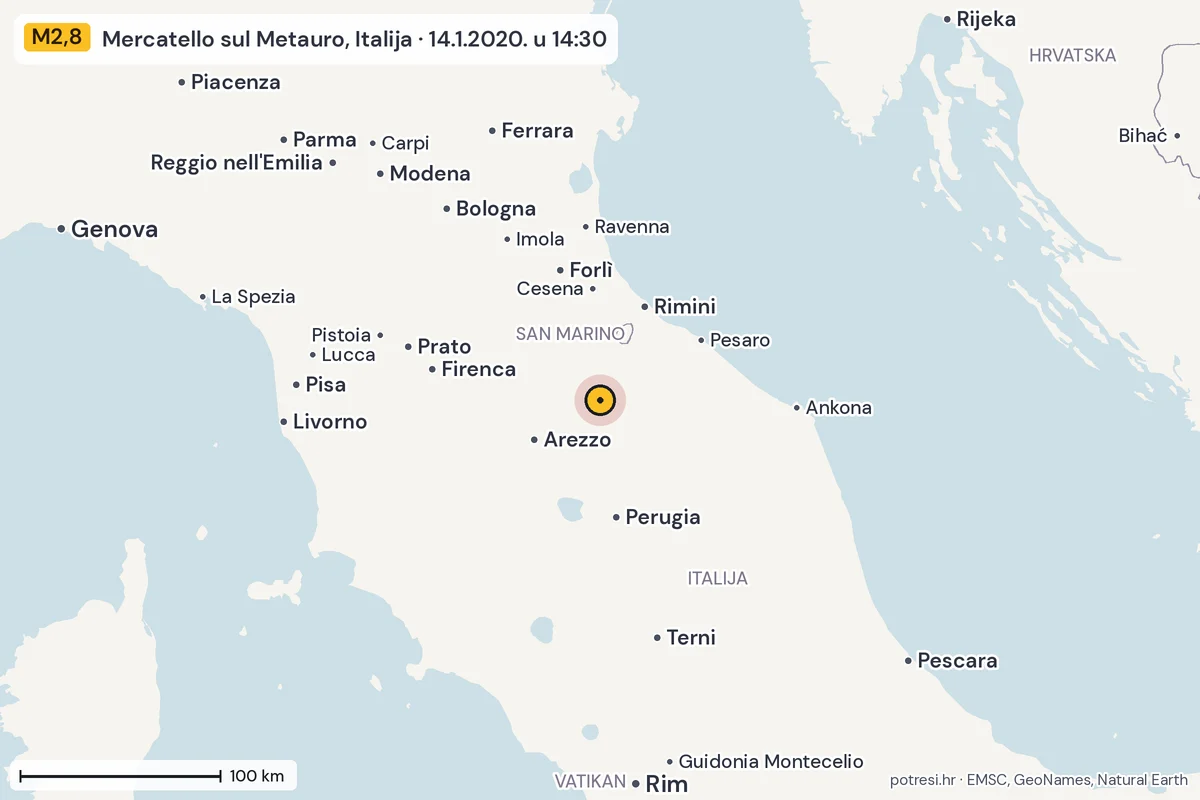 Karta: šire područje, 600 km, potres M2,8, Mercatello sul Metauro, Italija, 14.1.2020.