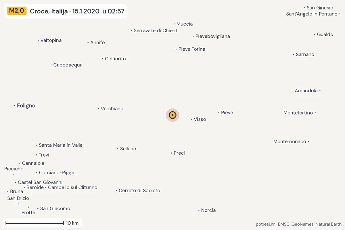 Karta: okolica epicentra, 60 km, potres M2,0, Croce, Italija, 15.1.2020.