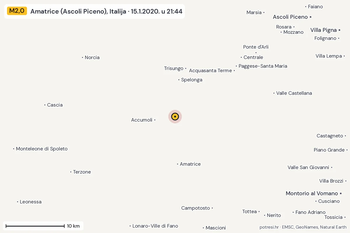 Karta: okolica epicentra, 60 km, potres M2,0, Amatrice (Ascoli Piceno), Italija, 15.1.2020.