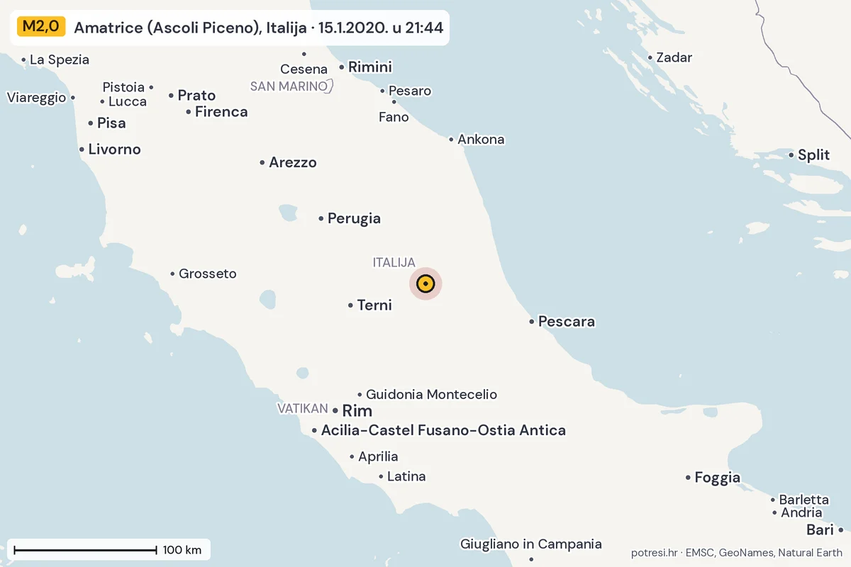 Karta: šire područje, 600 km, potres M2,0, Amatrice (Ascoli Piceno), Italija, 15.1.2020.