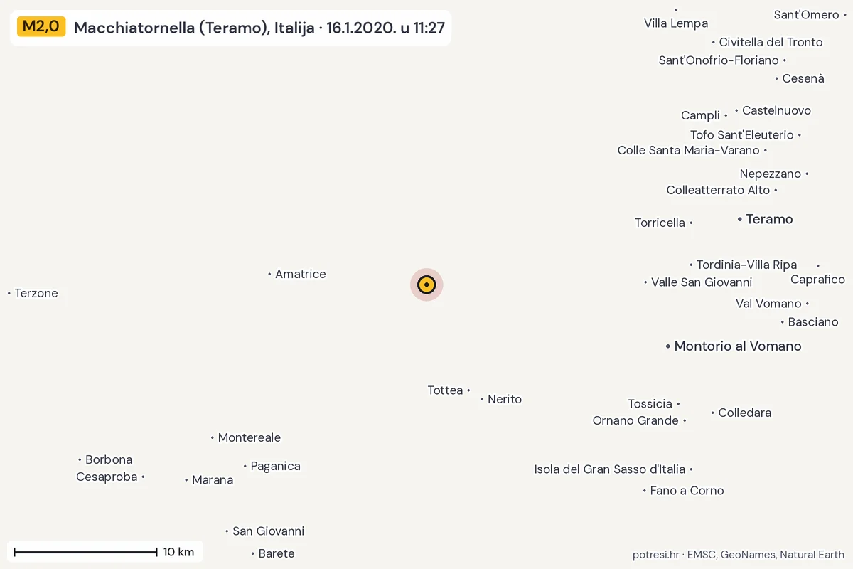 Karta: okolica epicentra, 60 km, potres M2,0, Macchiatornella (Teramo), Italija, 16.1.2020.