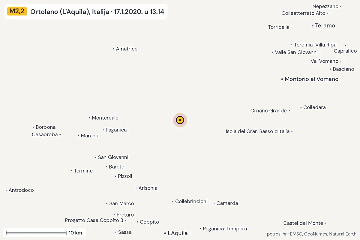 Karta: okolica epicentra, 60 km, potres M2,2, Ortolano (L'Aquila), Italija, 17.1.2020.