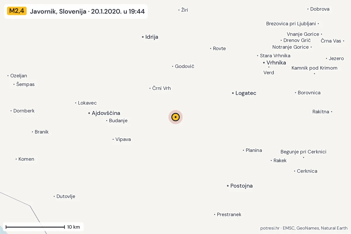 Karta: okolica epicentra, 60 km, potres M2,4, Javornik, Slovenija, 20.1.2020.