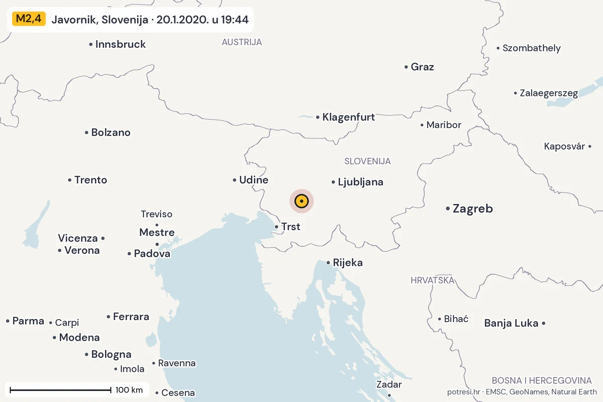 Karta: šire područje, 600 km, potres M2,4, Javornik, Slovenija, 20.1.2020.
