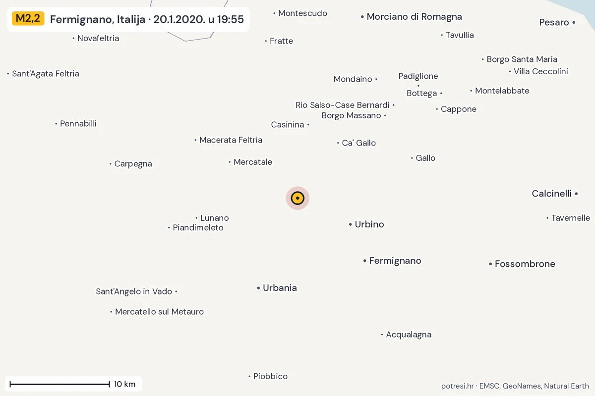 Karta: okolica epicentra, 60 km, potres M2,2, Fermignano, Italija, 20.1.2020.